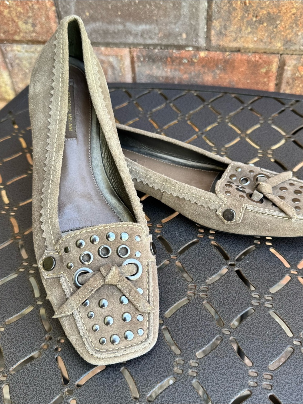 ANTONIO MELANI Katelyn Taupe Suede Studded Ladies Dress Shoes